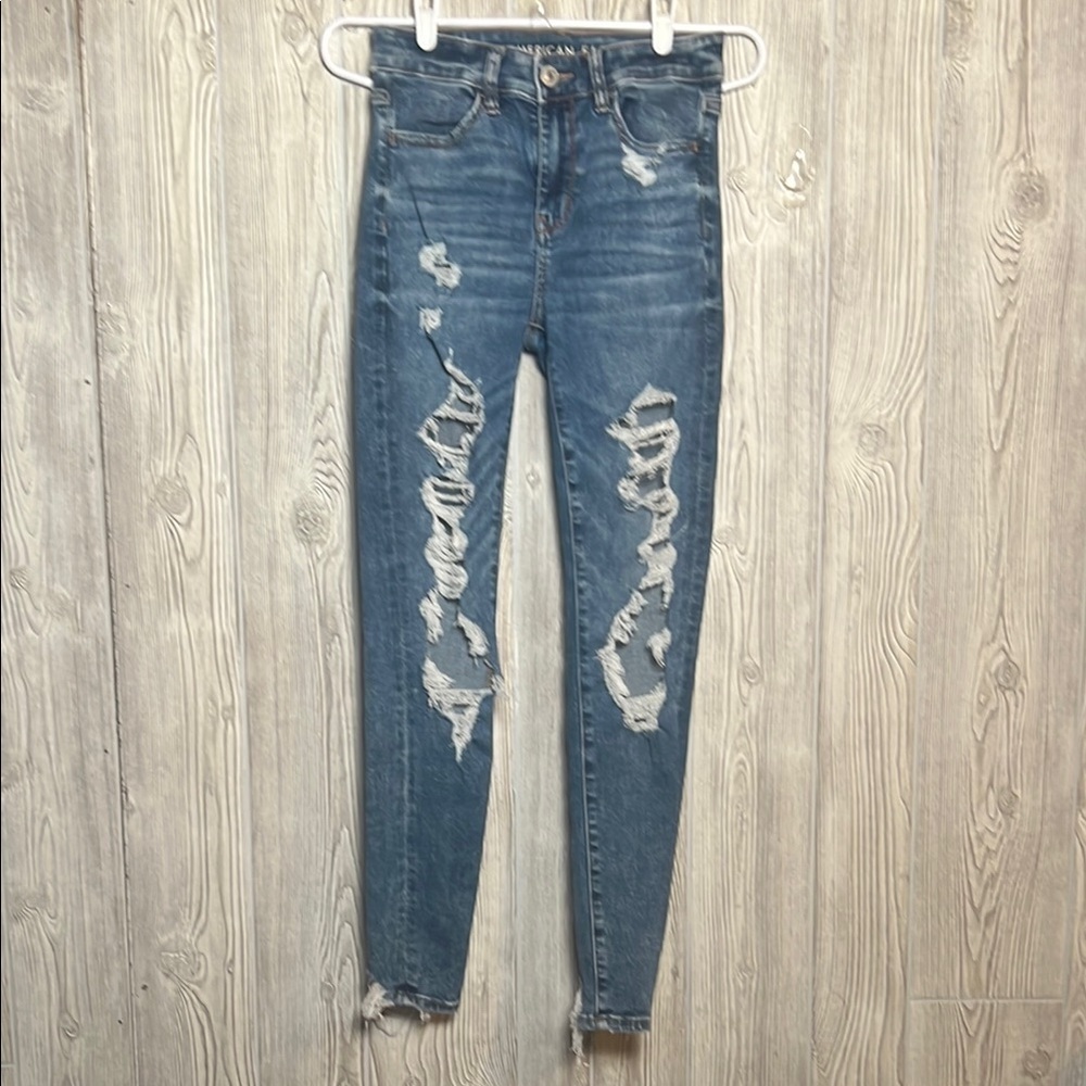 American Eagle Outfitters Blue Hi-Rise Jegging Distressed Size 2